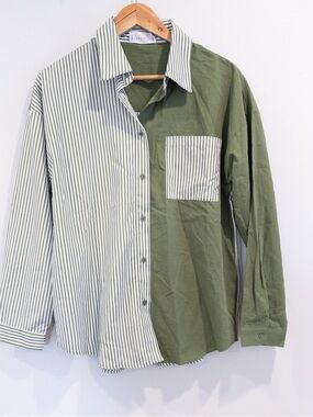 First Love by Lovelyn Green & White Split Stripe Button Down Shirt Small NWOT